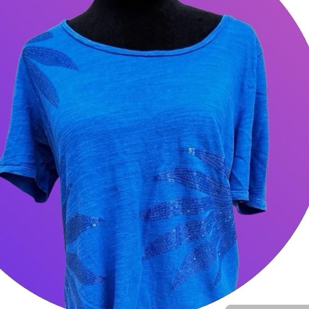 JONES NEW YORK sequin, short sleeve, rounded neckline. Blue T-shirt, women's PM